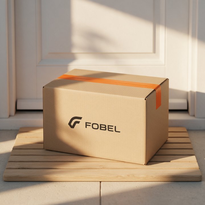 Caixa de papelão com o logo Fobel entregue na porta de casa